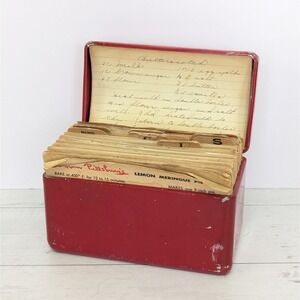Vtg Red Metal Recipe Card Box FULL Handwritten, Clipped, Ann Pillsbury Recipes